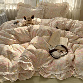 云感棉双层纱全棉蕾丝花边系列四件套田园风床笠款三件套单人被套