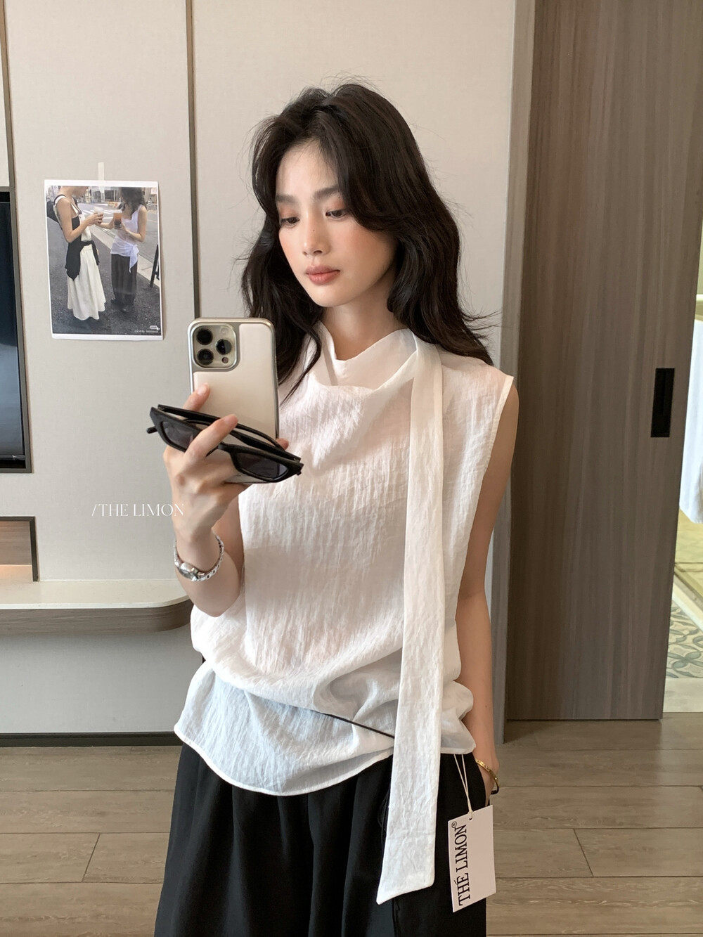 Áo hai dây nữ phong cách Hàn Quốc chất liệu satin tay không cổ chữ V — Xanh đen, màu trắng, màu xám chi tiết 14