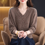 年青款100%羊毛针织衫时尚v领宽松毛衣秋冬羊毛衫中年女装妈妈装，女装针织衫/毛衣，妃慕昵服饰