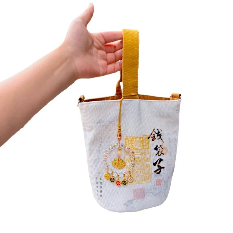 Lingyin Money Bag Canvas Bucket Bag For Women - Shoulder Handbag For Casual Travel, Temple Style Cloth Bag - Thumbnail 5