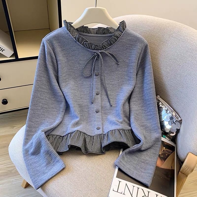 Plaid Ruffled Tie Fake Two-Piece Long-Sleeve Autumn/Winter 2025 New Loose Slimming Short Base Shirt Trendy Top Plaid Ruffled Tie Fake Two-Piece Long-Sleeve Autumn/Winter 2025 New Loose Slimming Short Base Shirt Trendy Top