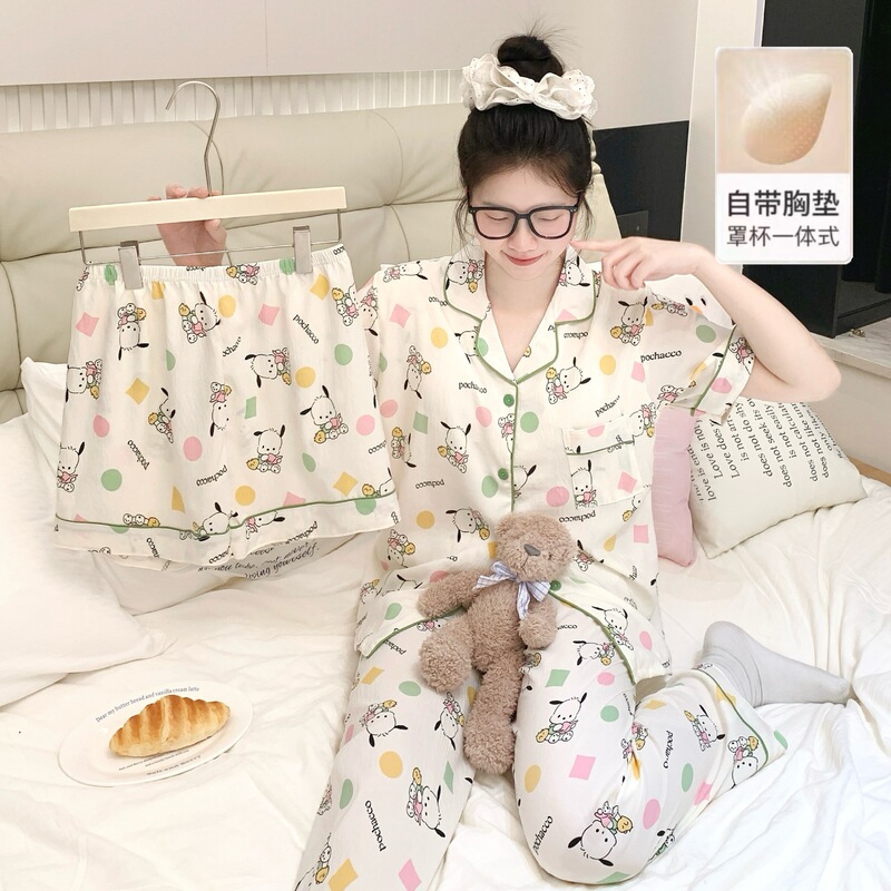 Pajamas for Girls, Summer Style, Cloud Cotton Short-Sleeved Three-Piece Set, Cute Cartoon Thin Shorts, Summer Home Clothes Pajamas for Girls, Summer Style, Cloud Cotton Short-Sleeved Three-Piece Set, Cute Cartoon Thin Shorts, Summer Home Clothes