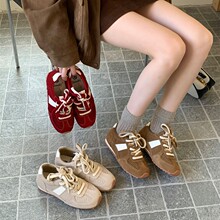 正品爆款真皮红色德训鞋女2025秋季新款厚底洋气百搭运动鞋潮