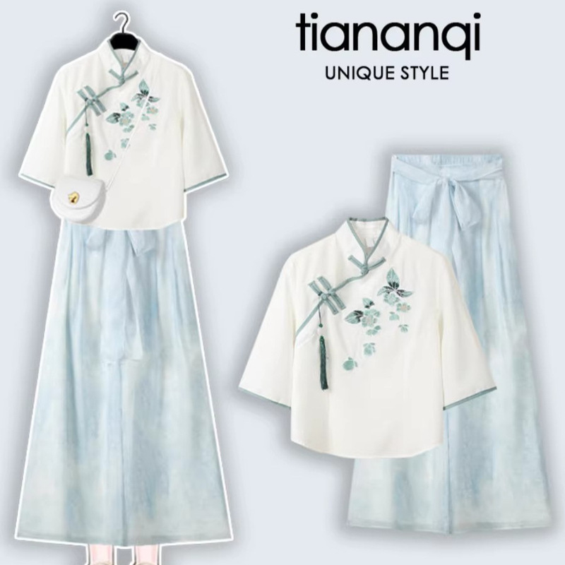 New Chinese-Style Hanfu Top for Women, 2026 Summer New Model, National Style Shirt with Buttoned Fasteners Paired with High-Waisted Pants Skirt Two-Piece Set