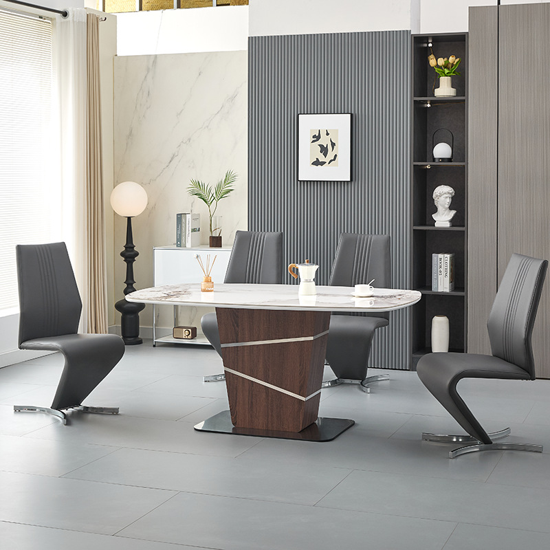 Mesa de comedor de tabla de roca, mesa de negociación de lujo, mesa de base de acero inoxidable, mesa de comedor de mármol