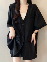 大码女装夏超火搭配一整套高级感黑色短袖西装外套短裤两件套