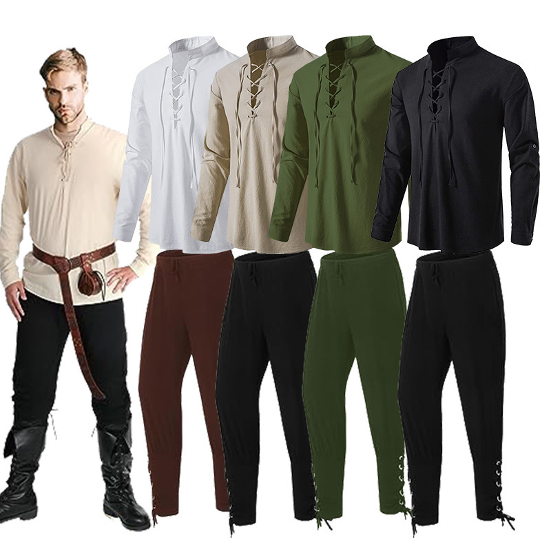 Halloween medieval costume suit Renaissance Viking shirt Gothic pants vintage Knight
