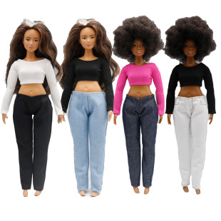 29cm fat Barbie doll Denim trousers pit striped long sleeve suit for curvy Barbel