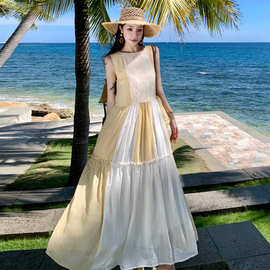 奶酪黄撞色无袖显白显瘦背心裙海边度假宽松长款蛋糕连衣裙女夏季