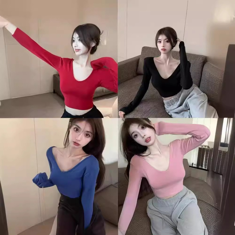 V-Neck Shoulder Pad Slim-Fit Western Style Korean Style Top Long-Sleeved Autumn and Winter Inner Base Shirt Spice Girl Trick T-Shirt Women's Outer Wear