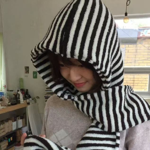 Autumn and Winter Blogger's Same Style Striped Lamb Wool Simple Versatile Shawl Ear Protection Pullover Shawl Hat Korean Style New Warmth