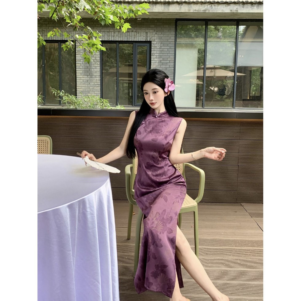 紫色显白新中式港工烫金提花缎面改良旗袍国风立领盘扣修身连衣裙
