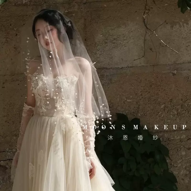 韩式新娘头纱双层绞拷边蝴蝶结珍珠头纱影楼拍照婚纱配饰结婚面纱