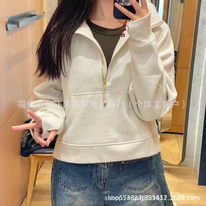 Lulu Original Standard Scuba Sweatshirt Style Chimney Half-Zip Stand Collar Loose Jacket Fleece-Lined Jacket Short Style for Women