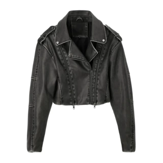 跨境短款机车PU皮衣夹克外贸复古水洗多拉链肩章Women's jacket