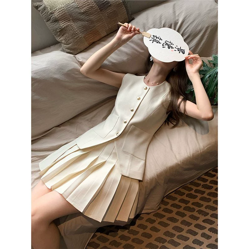 Женский летний костюм-жилет в твидовом стиле, тонкий жилет без рукавов, топ и юбка-миди, комплект из двух предметов