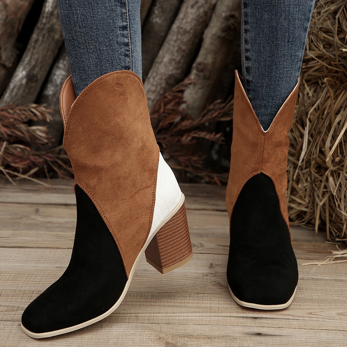 Women's Shoes color matching thick heel large size sleeve V neck short boots women's Martin boots_voghion.com