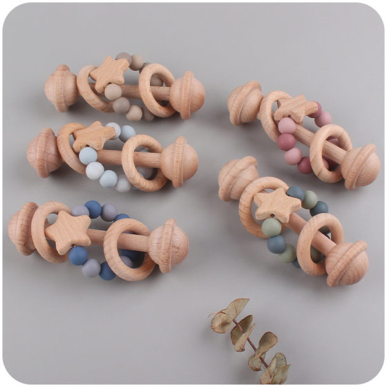 Creative Children's Toys Beech Wood Teeth Gum Baby Stars Hand-held Rattle Silicone Beads Baby Interactive Exercise Molar Stick