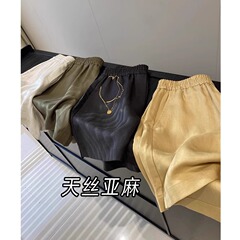 天糸半ズボンの女性2025新型ヨーロッパ商品の夏の薄いタイプのゆったりとしたカジュアルな亜麻の中のズボンの5分の広い足はやせているズボンを現します。