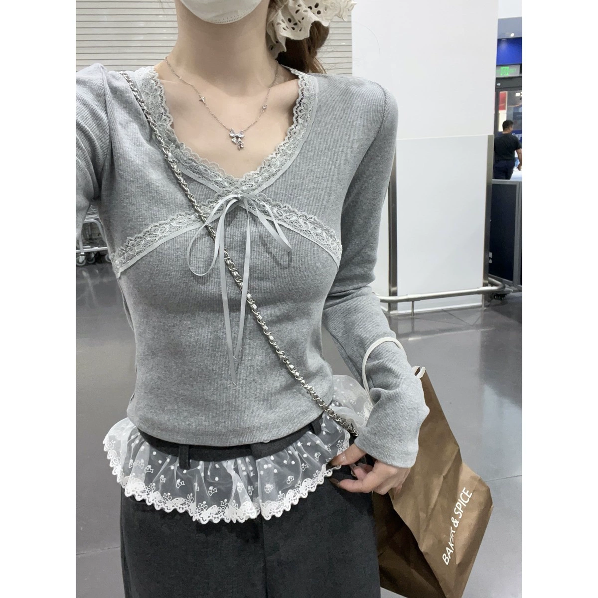 简漫妮 Velvet кружевной облегающий короткий и длинный рукав, V-образный вырез