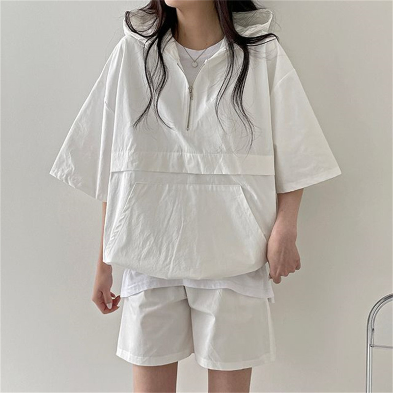 5 Color Korean Style Solid Color Fashion Casual Short Sleeve Shorts Hooded Set Women's 2023 Summer New Fashion Sportswear 5 Color Korean Style Solid Color Fashion Casual Short Sleeve Shorts Hooded Set Women's 2023 Summer New Fashion Sportswear