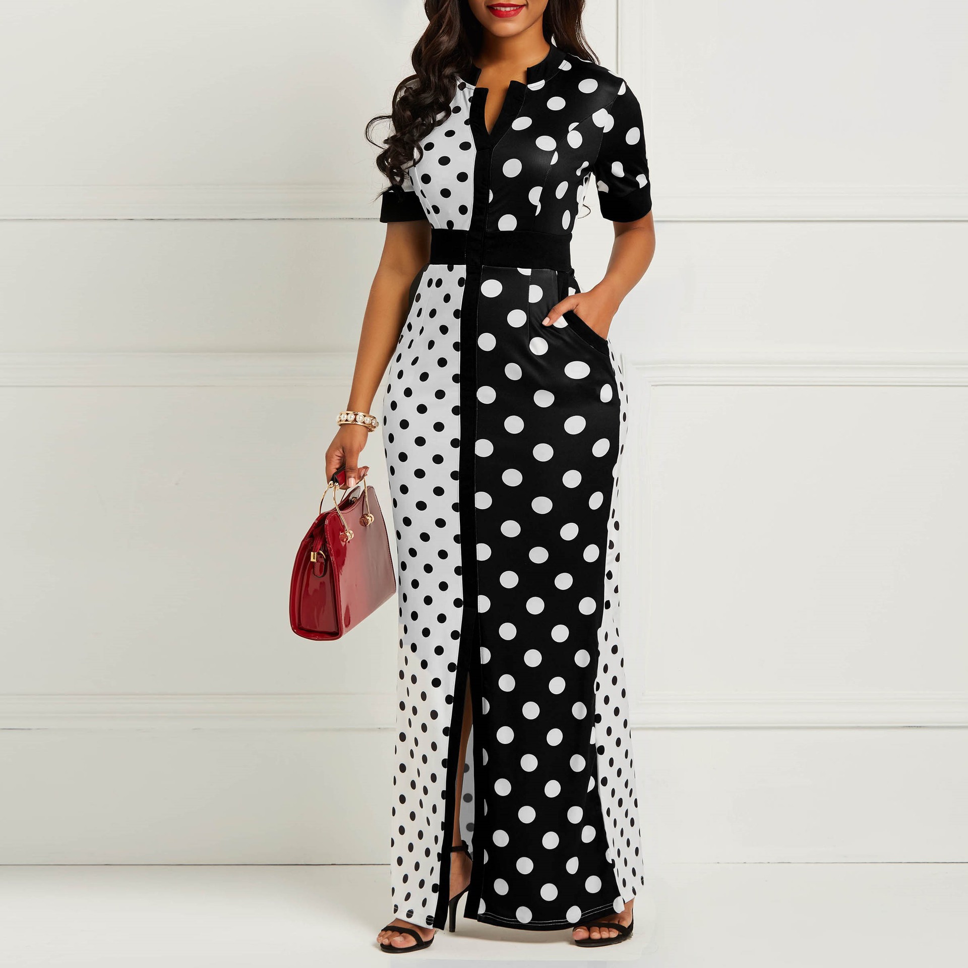 European and American new cross-border new polka dot dress for women black and white polka dot patchwork waist slimming dress_mkmklike.com
