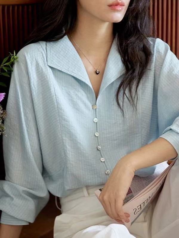 Morirose 蓝绿条纹翻领排扣长袖衬衫女秋季法式复古气质通勤上衣|undefined