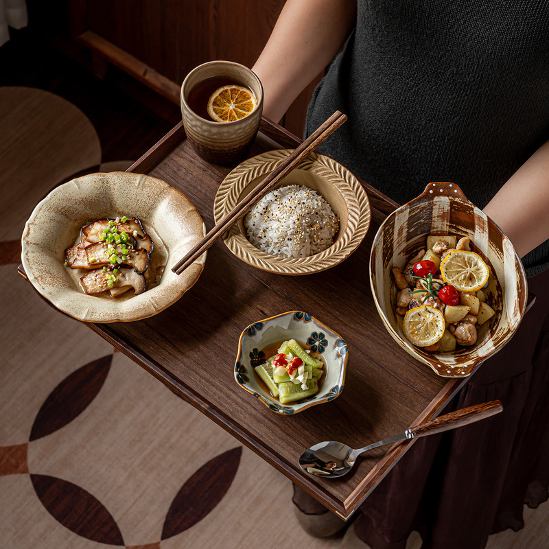 Minimalist style rustic ceramic tableware set for one person, ceramic serving plates, home use rice bowls, soup bowls, restaurant and homestay dinner plates, tea cups Minimalist style rustic ceramic tableware set for one person, ceramic serving plates, home use rice bowls, soup bowls, restaurant and homestay dinner plates, tea cups