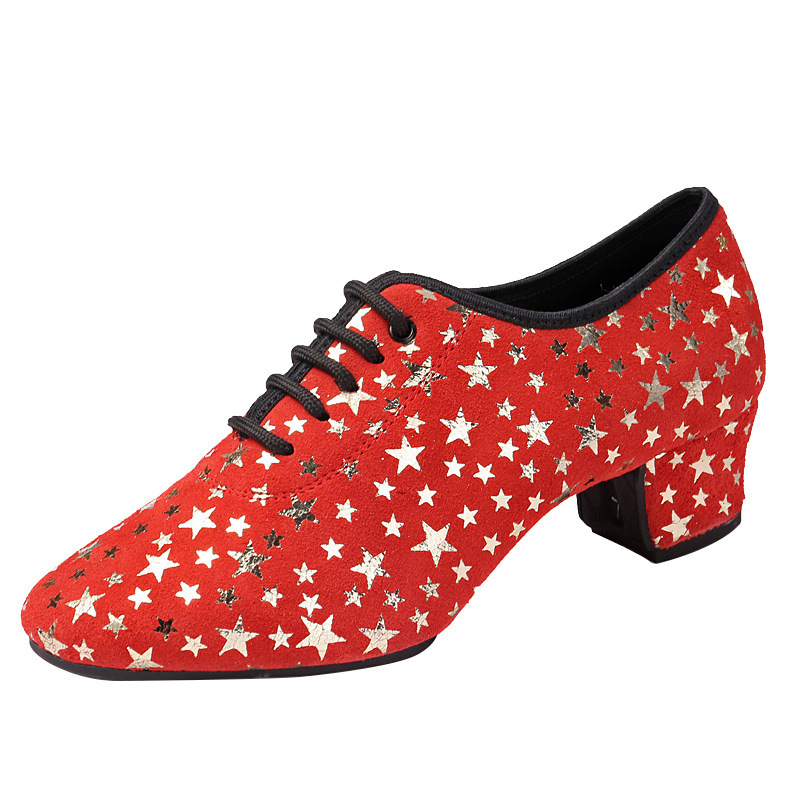 Red Women's latin Shoes velvet cowhide adult stars with teachers rubber  shoes square dance Latin dance shoes outdoor shoes