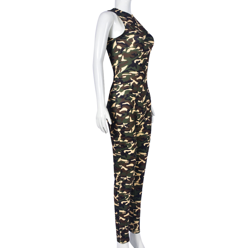 Autumn Winter Camouflage Sexy round Neck One Piece Sleeveless Long Tight Jumpsuit