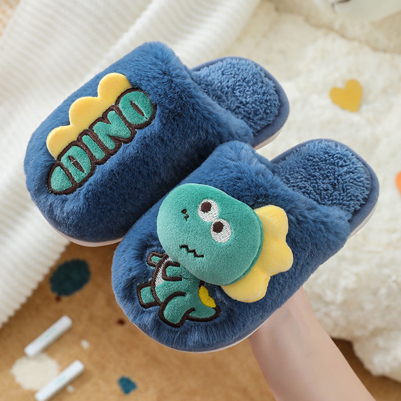Zapatillas de piso de invierno para niños de dibujos animados de fondo suave casa lindo dinosaurio cálido peludo Grandes Medianas y pequeñas Zapatillas de algodón para bebés