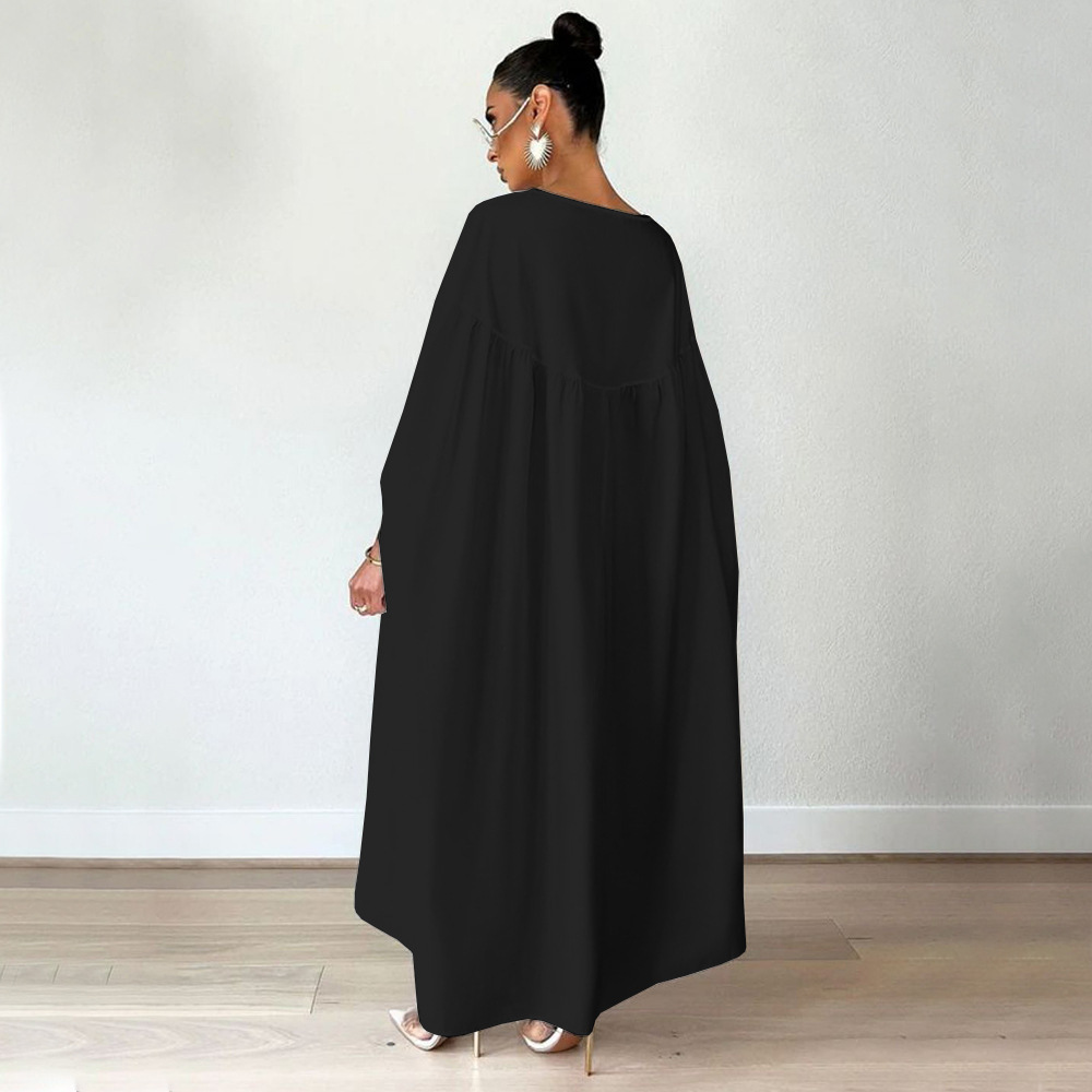 Women Clothing Autumn Winter Solid Color round Neck Loose Pleated Irregular Asymmetric Dress