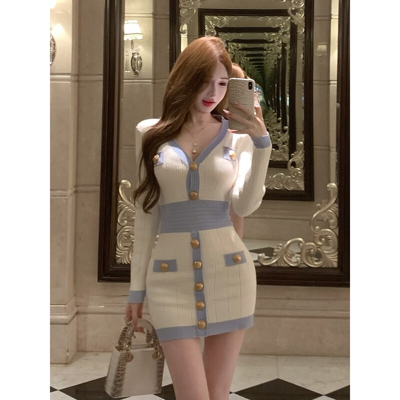 Korean Balmain knitted sweater dress for petite girls, stylish and sexy nightclub bodycon dress Korean Balmain knitted sweater dress for petite girls, stylish and sexy nightclub bodycon dress