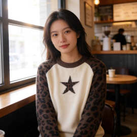 欧美跨境2025秋冬新款女装个性豹纹五角星针织衫圆领毛衣上衣女秋