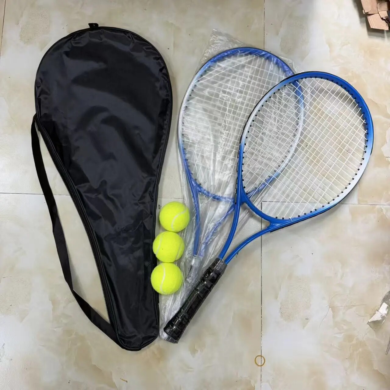 27inch adult tennis rackets blue and white 2 pieces + racket bag + 3 wireless tennis balls