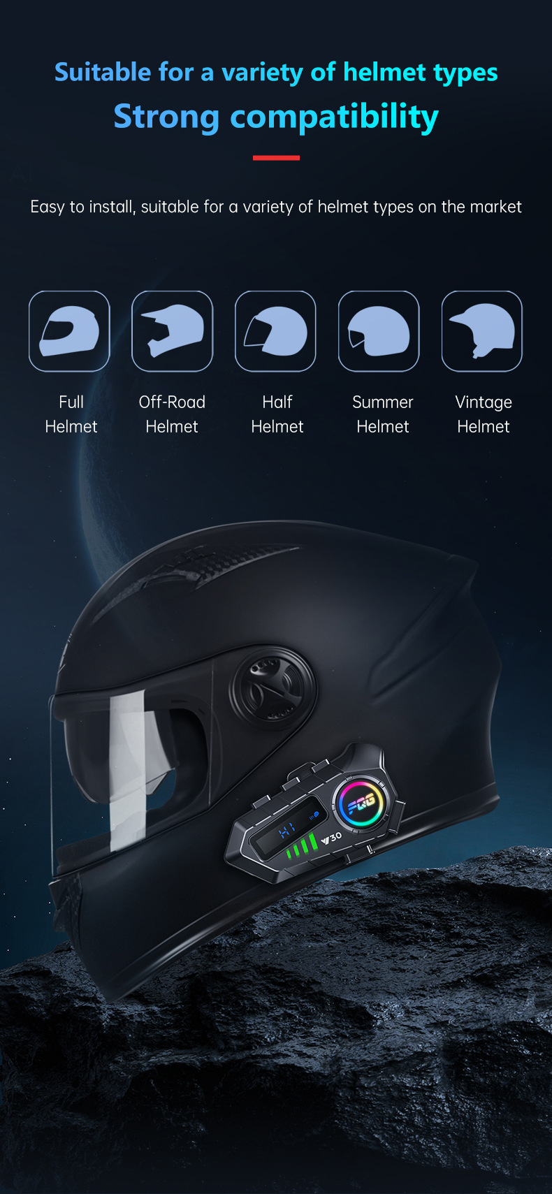 Cross-Border Y30 Helmet Bluetooth Headset Intercom for Motorcycles, Waterproof and Dustproof, Long Battery Life, for Listening to Music and Making Calls