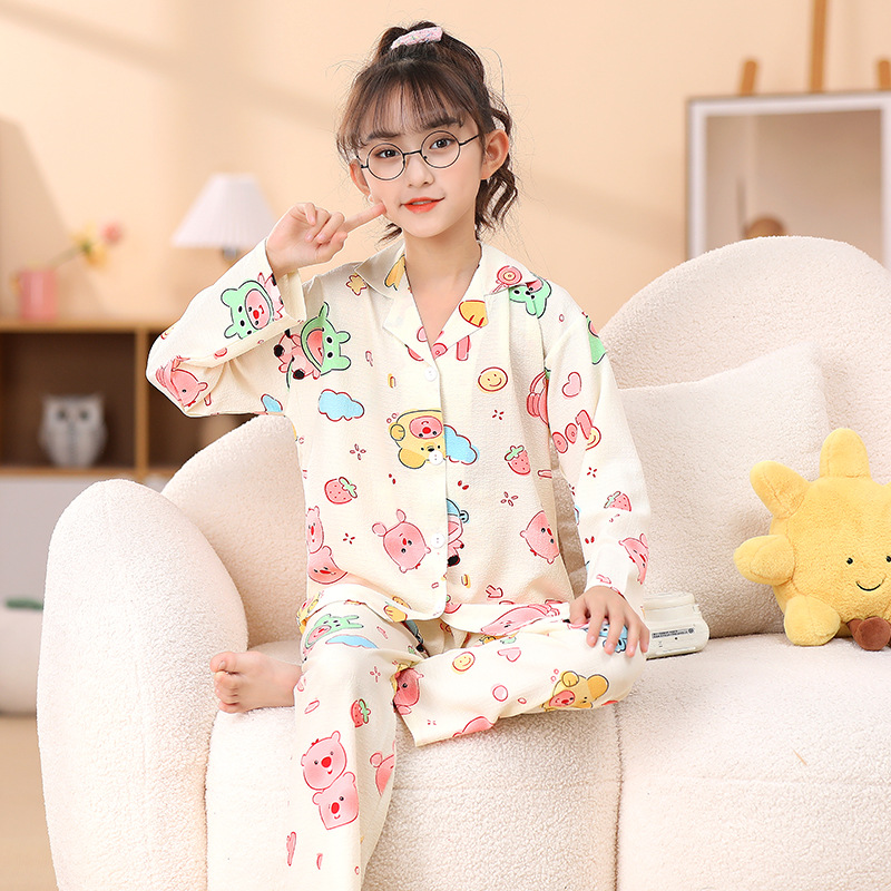 Pijamas infantiles primavera y otoño delgada espuma tela arrugada ropa para el hogar niñas dibujos animados aire acondicionado ventilado ropa de verano