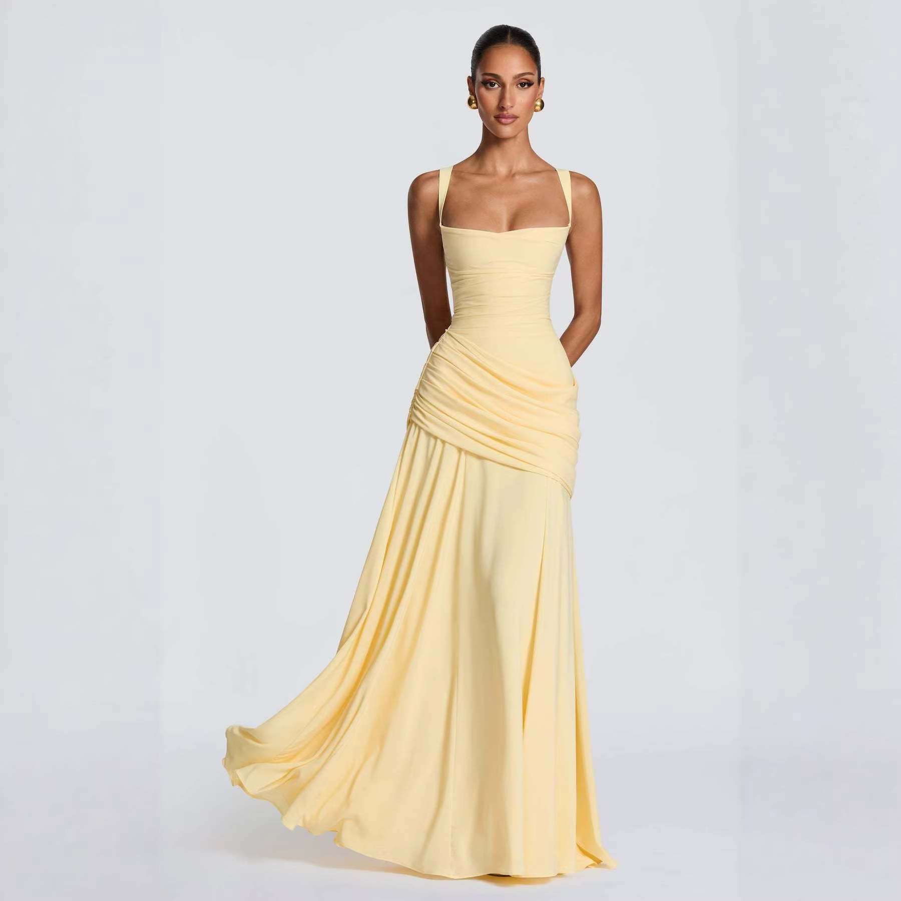 Women's Clothing High-Waisted Pleated Dress Elegant Resort Style Square Neck A-Line Full Skirt Spring For Formal & Casual For Women_ecoleips.com