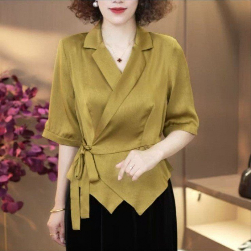Dropshipping Summer New Fashion Cross-Tie Design Short-Sleeve Cardigan Stylish Middle-Aged Mom Outfit for a Youthful Look