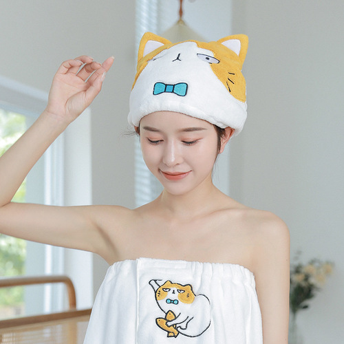 New Japanese patch embroidered hair drying towel cartoon animal hair drying hat for women, absorbent, quick-drying coral velvet turban