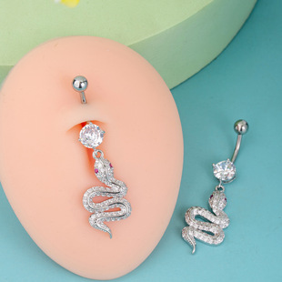 Original Snake-Shaped Navel Piercing with Micro-Inlaid 3A Zircon, Super Shiny Summer Essential Trendy Piercing Jewelry