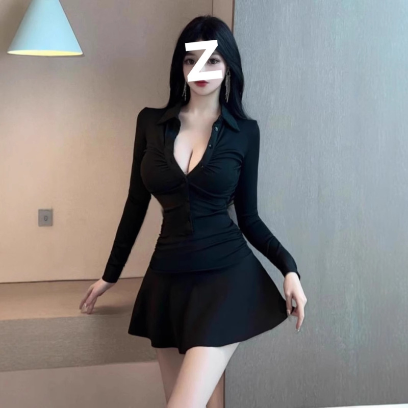 Nightclub Hot Girl Low-cut A- line Long-sleeved Dress Waisted Pleated Short Skirt POLO Collar Age-reducing Umbrella Skirt