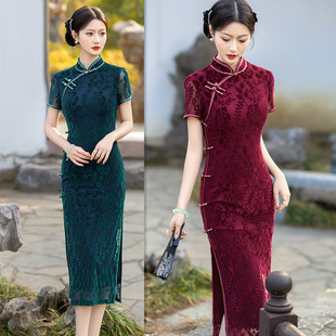 Middle-aged Cheongsam Long 2024 Spring and Summer New Improved Flocking Double-layer Mother's Daily Retro Old Shanghai Short Sleeve