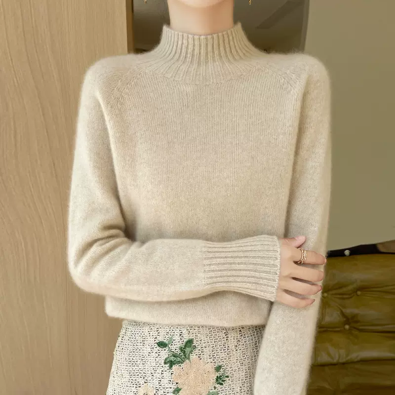 韩版新款女士一线成衣半高领厚款纯色长袖套头通勤休闲简约针织衫