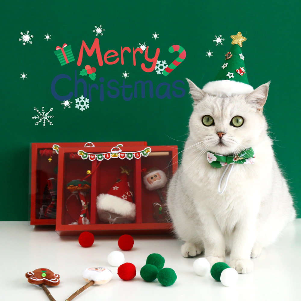 Mascota gato Santa Claus árbol sombrero pajarita collar divertido gato palo felpa molar sonido interactivo conjunto de juguetes caja