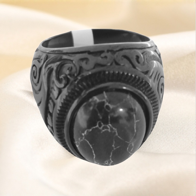 Titanium Steel Non-Fading Ring Retro Steel Warrior Inlaid with Tiger Eye Stone Black Turquoise Ring Stainless Steel Men's Ring