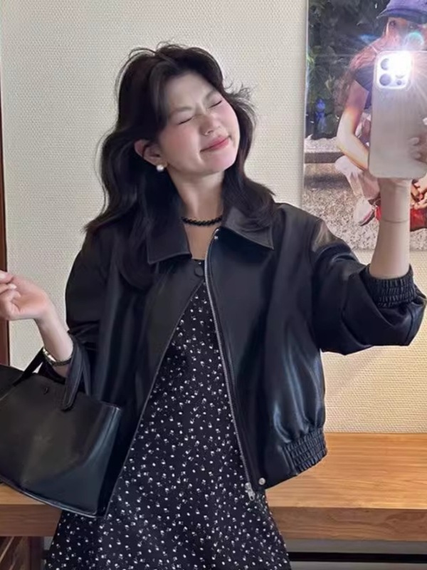 黑色pu皮衣外套女2025春秋新款美式拼接复古机车服夹克炸街上衣女|undefined