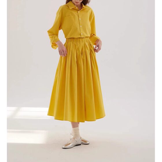 25 spring bright yellow Xinjiang long velvet cotton elastic pleated large umbrella skirt