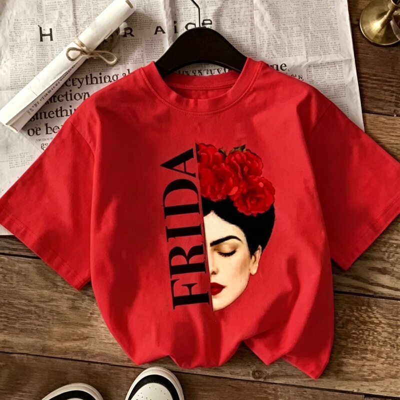 New Foreign Trade Model Frida Kahlo Printed T-Shirt, Pure Cotton, Loose Fit, Versatile Short-Sleeve, Exclusively for Temu New Foreign Trade Model Frida Kahlo Printed T-Shirt, Pure Cotton, Loose Fit, Versatile Short-Sleeve, Exclusively for Temu