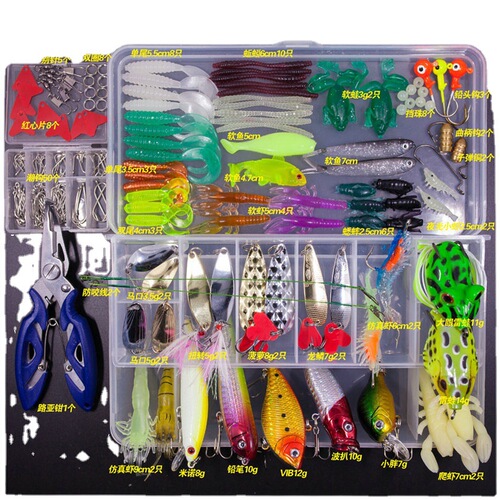 Lure set, complete lure package with spinners, soft baits, treble hooks, topwater frogs, minnow lures, and lure combo